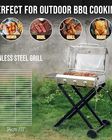 BBQ Gas Grill 3-Burner with Foldable Cart & Side Table, Portable Propane Grill with Lid for Outdoor Patio Backyard Barbecue Camping Tailgating RV Trip, Stainless Steel, GS308