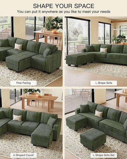 Belffin U Shaped Couch with Reversible Chaises Sectional Couches for Living Room Sectional Couch with Ottomans Corduroy (Green, U Shaped)