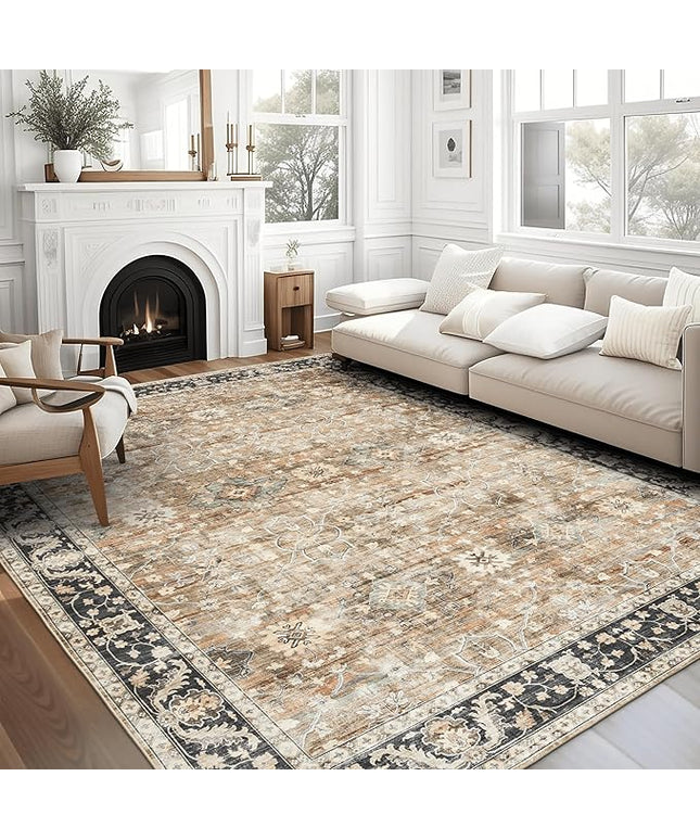 ReaLife Rugs Machine Washable Area Rug - Living Room Bedroom Bathroom Kitchen Entryway Office - Padded Low Pile Stain Resistant Premium - Boho Farmhouse Vintage - BEV - Beige Tan Brown 4' x 6'