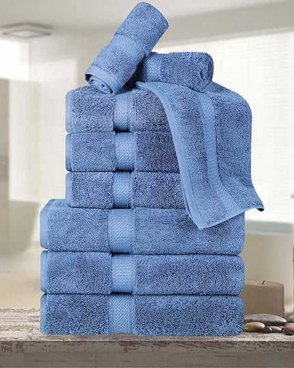 Superior Egyptian Cotton Pile 9 Piece Towel Set, Includes 3 Bath, 3 Hand, 3 Face Towels/Washcloths, Ultra Soft Luxury Towels, Thick Plush Essentials, Guest Bath, Spa, Hotel Bathroom, Denim Blue