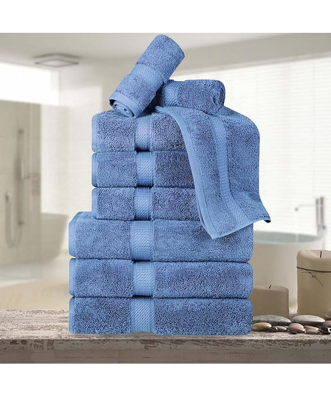 Superior Egyptian Cotton Pile 9 Piece Towel Set, Includes 3 Bath, 3 Hand, 3 Face Towels/Washcloths, Ultra Soft Luxury Towels, Thick Plush Essentials, Guest Bath, Spa, Hotel Bathroom, Denim Blue