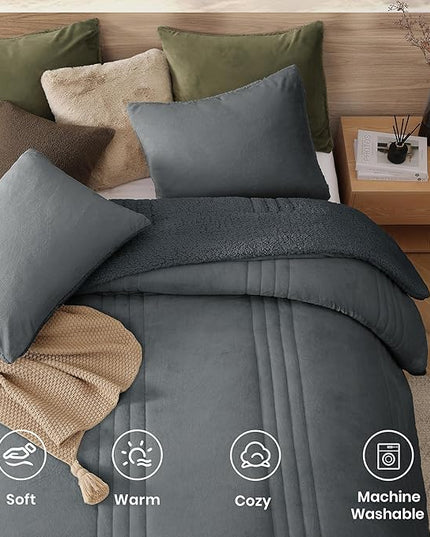 Monbix Fluffy Full Comforter Set Blue Grey, Sherpa Plush Fuzzy Comforter 3 Piece for Full Size Bed, Luxury Soft Winter Warm Bedding Set