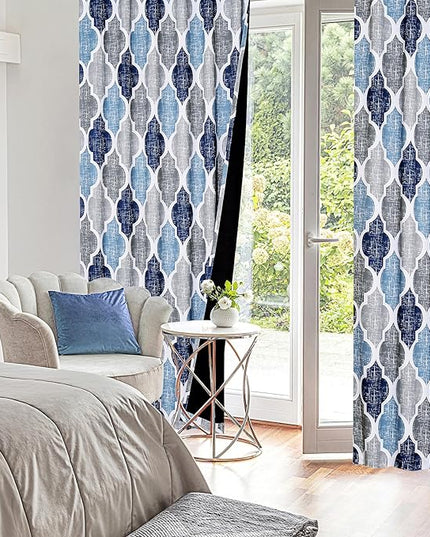 Beauoop 100% Blackout Curtains 96 Inches Long 2 Panels for Bedroom Living Room Blue Grey Moroccan Geo Room Darkening Thermal Insulated Soundproof Rod Pocket Back Tab Window Treatments Drapes, 50x96