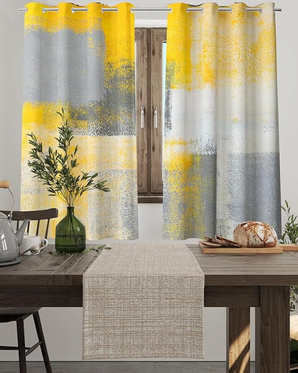 Yellow Window Curtain Yellow Grey Abstract Thermal Insulating Drapes Rust Art Treatment Drapes Modern Curtains for Living Room Bedroom Hotel, 26" x 36", 2 Panels