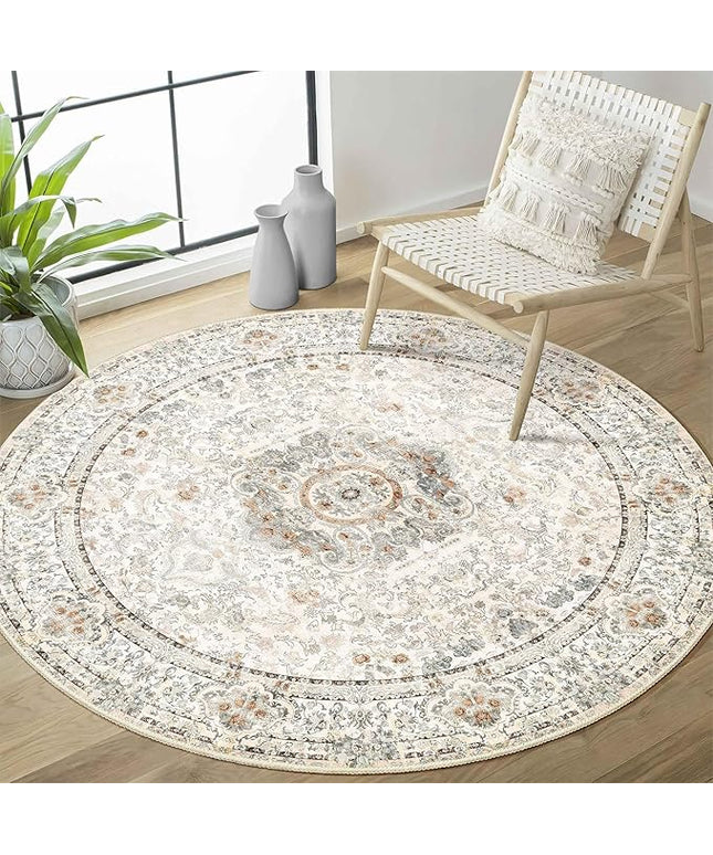 Boho Round Rug 4ft,Washable Circle Area Rugs for Bedroom Bathroom Entryway,Beige Vintage Bohemian Distressed Oriental Floral Carpet Non Slip