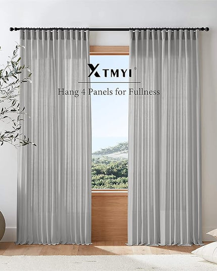 XTMYI Light Grey Curtains for Living Room Bedroom,Linen Boho Back Tab Pleated Sheer Curtain Set of 2 Panels,90 Inches Long