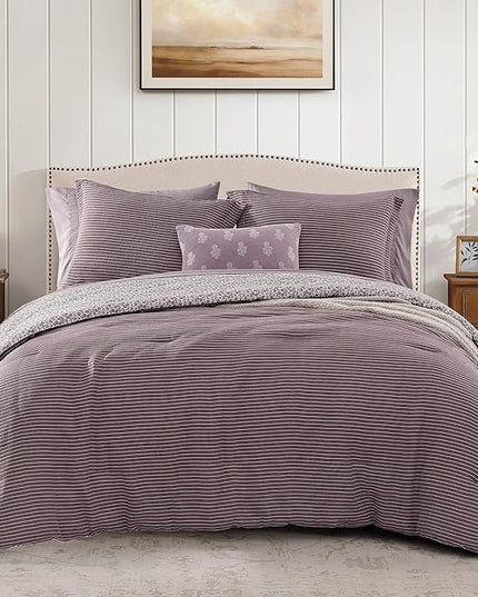 Queen Comforter Set - 7 Pieces Deep Purple Gauze Muslin Bedding Sets for All Seasons, Lightweight Breathable Bed in a Bag Queen with Revesible Farmhouse Comforter, Sheets, Pillowcases & Shams