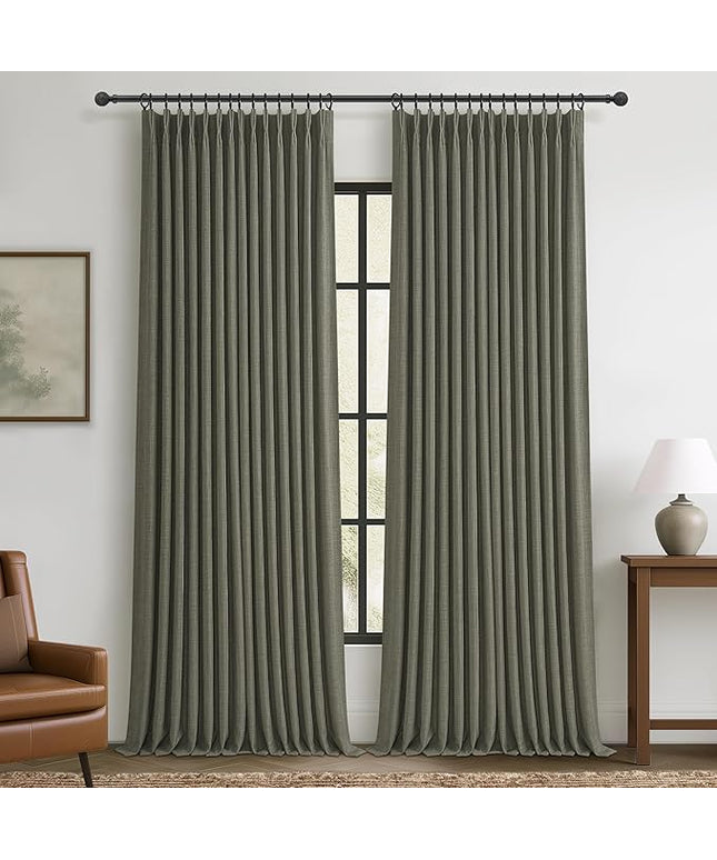 Lichen Grey Pinch Pleated 102 Inch Long Curtains 2 Panels Set for Dining Room, Farmhouse Full Black Out Thick Linen Two Layer Viral Curtain Thermal Energy Efficient Greenish Gray Window Drape 8-1/2 FT