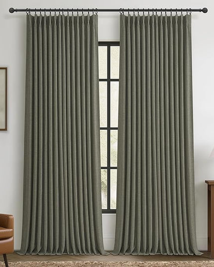 Extra Long Blackout Floor to Ceiling Curtains 120 Inches Long 2 Panels Set for Living Room, Memory Trained Pinch Pleated Dual Layer Linen Greenish Grey Sound Proof Thermal Luxury Curtain 10FT Length