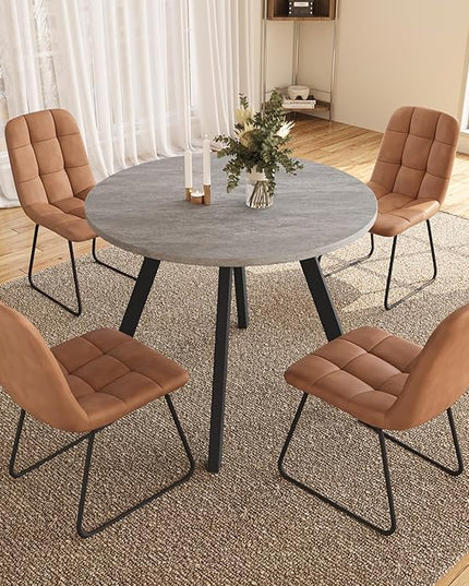 34.6'' Dining Table and Chairs for 4, Mid Century Modern Round Table Set, Space Saving for Apartment Kitchen Dining Room (Grey Table+4 U-Shaped Brown Chairs)