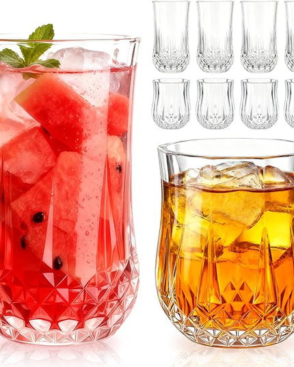 Ruckae Drinking Glasses Set of 8,11 oz and 7 oz Kitchen Water Glass Cups Set,Clear Curvature Glassware Dishwasher Safe,Mixed Drinkware for Beer,Juice,Cocktail,Whiskey,Milk and Various Mixed Drinks