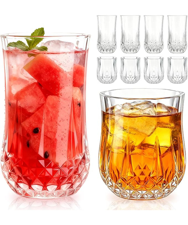 Ruckae Drinking Glasses Set of 8,11 oz and 7 oz Kitchen Water Glass Cups Set,Clear Curvature Glassware Dishwasher Safe,Mixed Drinkware for Beer,Juice,Cocktail,Whiskey,Milk and Various Mixed Drinks