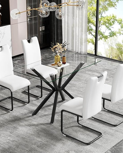 47.24" Rectangular Glass Dining Table Modern Kitchen Glass Top Table for 4 with Black Metal Legs, Clear Dining Table Kitchen Table for Home Office Dining Room