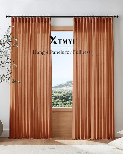 XTMYI Fall Curtains for Living Room,Back Tab Hooks Pleated Linen Sheer Burnt Orange Curtains 96 Inches Long for Bedroom Set 2 Panels