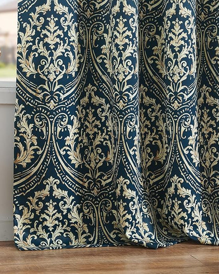 jinchan Blackout Curtains for Bedroom, Blue Damask Patterned Curtains 84 Inch Length for Living Room, Vintage Medallion Art Deco Drapes, Thermal Insulated Grommet Window Treatments, 2 Panels Blue