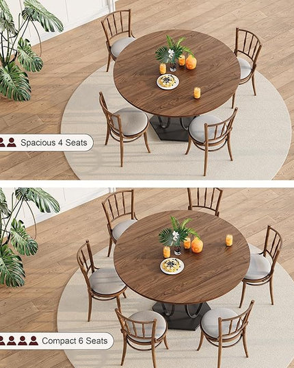 Round Dining Table for 4-6, 3-Tier Dinner Room Tables with Storage Shelf, Space Saving Small Kitchen Table, Farmhouse Dinner Table with Wooden Tabletop and Hexagonal Base (Walnut, 47inch)