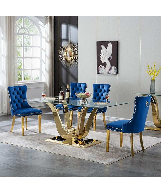 5-Piece Glass Dining Table Set w/4 Blue Upholstered Dining Chairs, 70in Rectangular Large Kitchen Table Set for 4, Glass and Gold Dining Table and Chair Set for 4