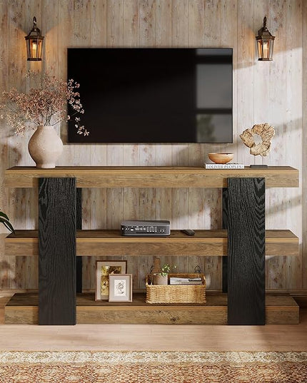 Tribesigns 63-Inch Long Console Table, 3-Tier Entryway Table with Storage, Farmhouse Wood Behind Couch Tables for Entryway, Living Room, Hallway, Rustic Brown & Black