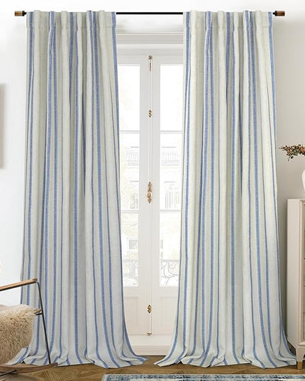 DriftAway Farmhouse Linen Blend Blackout Curtains 96 Inches Long for Bedroom Vertical Striped Printed Linen Curtains Thermal Insulated Lined Treatments for Living Room 2 Panels W52 x L96 Linen Navy