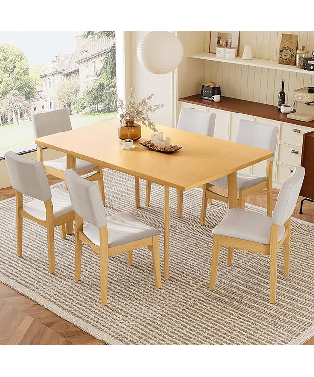 7-Piece Dining Set Modern Dinner Table set for 6, Wood Dining Table with 6 Upholstered Chairs, 60" Rectangular Table with Stackable Chairs Padded Seat Backrest for Dining Room Kitchen Apartment
