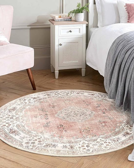 MUJOO Pink Round Rug 4ft,Circle Washable Area Rugs for Bedroom Living Room Bathroom,Boho Small Non Slip Circular Carpet,Blush Floral