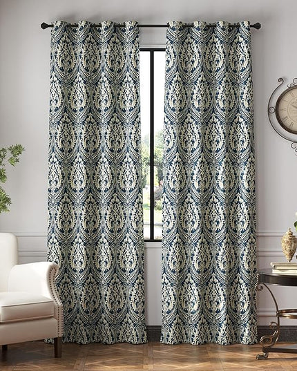 jinchan Blackout Curtains for Bedroom, Blue Damask Patterned Curtains 84 Inch Length for Living Room, Vintage Medallion Art Deco Drapes, Thermal Insulated Grommet Window Treatments, 2 Panels Blue