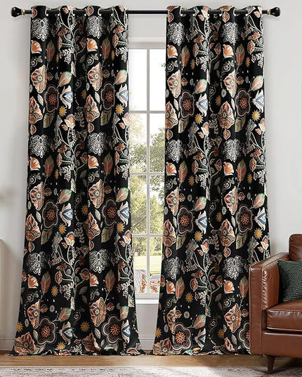 XiDi Black Dark Floral Curtains 102 Inches Long 2 Panels 100% Blackout Patterned Curtains Thermal Insulated Luxury Vintage Flower Botanical Printed Drapes Grommet for Living Room Bedroom Decor 52x102