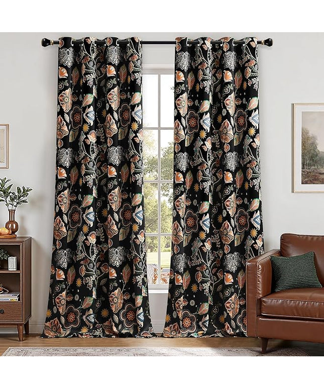 XiDi Black Floral 100% Blackout Curtains for Bedroom 84 Inches Long 2 Panels Vintage Patterned Black Out Curtains for Living Room Grommet Thermal Insulated Luxury Dark Botanical Printed Window Drapes