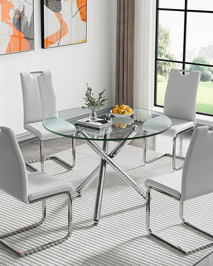 HomVent Round Glass Dining Table Set for 4, 5-Piece Modern Kitchen Table Set with 4 PU Upholstered Chair for Kitchen Dining Room, Glass Dining Room Table Set