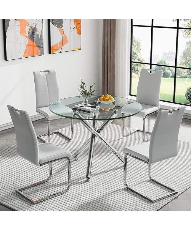 HomVent Round Glass Dining Table Set for 4, 5-Piece Modern Kitchen Table Set with 4 PU Upholstered Chair for Kitchen Dining Room, Glass Dining Room Table Set