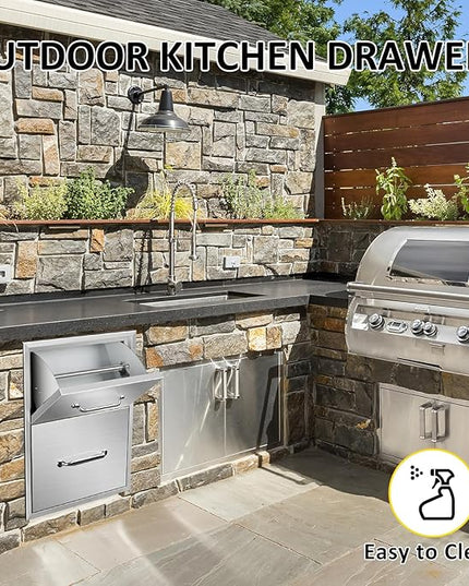 Outdoor Kitchen Drawers with Paper Towel Holder 16" W x 20" H x 20" D Flush Mount BBQ Drawers with Chrome Handle,Stainless Steel Built-in Double Access Drawers for Outdoor Kitchen Island
