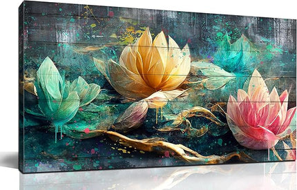Lotus Flower Wall Art for Living Room, Floral Canvas Picture Print for Bedroom, Vintage Artwork Decor for Home, Stretched and Framed Ready to Hang, Size 48x24 Inches