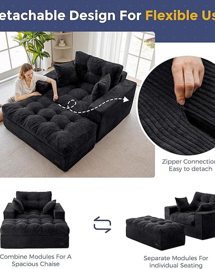 MAXYOYO Modular Sectional Chaise Lounge Sofa, Upholstered Lounge Chair with Ottoman, Comfy Couch with Layered Cushion, Tufted Upholstered Sleeper Chair for Living Room, No Assembly, Black