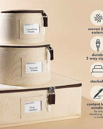 Hard Shell China Storage Containers 5-Piece Set Moving Boxes for Dinnerware, Glasses, Plates, Mugs and Saucers Sturdy Dish Organizer with Dividers for Seasonal Storage - Service for 12 - Beige