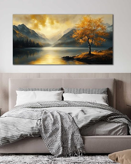 Ouzzlie Lake Wall Art Landscape Wall Decor Yellow Tree Canvas Art for Living Room Office Bedroom Sunshine Forest Large Picture 29" x 59"