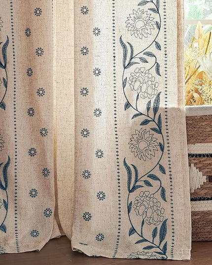 jinchan Winslow Lined Linen Curtains for Bedroom 63 Inches Linen Blended Embroidered Bordered Floral Curtains for Living Room Farmhouse Decor Window Treatments Blue on Beige Drapes 2 Panels