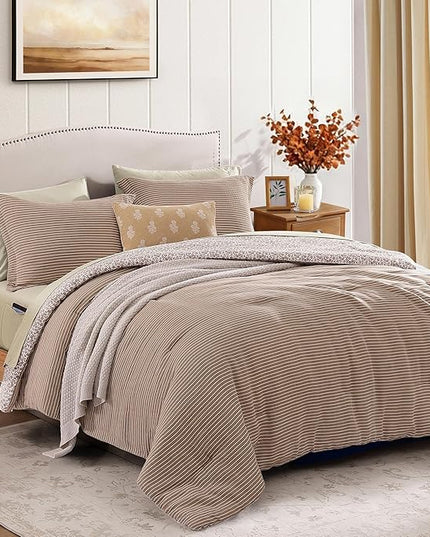 Full Comforter Set - 7 Pieces Dark Brown Gauze Muslin Bedding Sets for All Seasons, Lightweight Breathable Bed in a Bag Full with Revesible Farmhouse Comforter, Sheets, Pillowcases & Shams