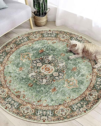 Green Round Rug 4ft,Circle Washable Area Rugs for Bedroom Bathroom Entryway,Boho Vintage Bohemian Distressed Oriental Floral Carpet Non Slip,Sage