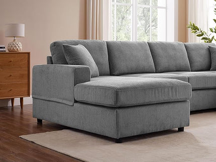VANOMi 118'' U Shaped Sectional Sofa Couch, Corduroy Fabric Modern Cozy Jumbo Size 4-Seater Living Room Couch, Double Chaise Longue, Dark Grey
