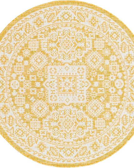 Rugs.com Outdoor Aztec Collection Rug – 4 Ft Round Yellow Flatweave Rug Perfect for Kitchens, Dining Rooms