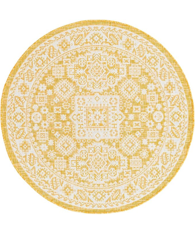 Rugs.com Outdoor Aztec Collection Rug – 4 Ft Round Yellow Flatweave Rug Perfect for Kitchens, Dining Rooms