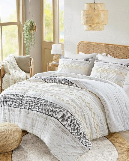 Hyde Lane Farmhouse Bedding Comforter Sets King, Ivory Boho Bed Set,Cotton Top with Modern Neutral Style Clipped Jacquard Stripes, 3-Pieces Including Matching Pillow Shams (104x90 Inches)