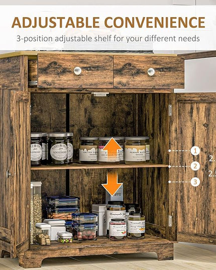 HOMCOM Sideboard with Solid Wood Countertop, Modern Kitchen Storage Cabinet, Coffee Bar Cabinet with 2 Drawers, Doors and Adjustable Shelf, Rustic Brown