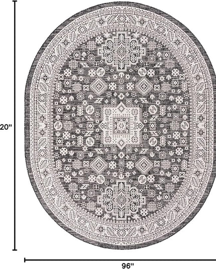 Rugs.com Outdoor Aztec Collection Rug – 8' x 10' Oval Charcoal Gray Flatweave Rug Perfect for Living Rooms, Large Dining Rooms, Open Floorplans