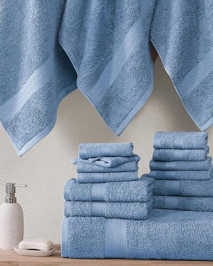 LANE LINEN 100% Cotton Premium Bathroom Towels Set - 16 Pieces - Ring Spun, Quick Dry, Super Soft & Highly Absorbent - 4 Bath, 8 Washcloths, 4 Hand Towels for Bathroom - Pre Shrunk - Cerulean Blue
