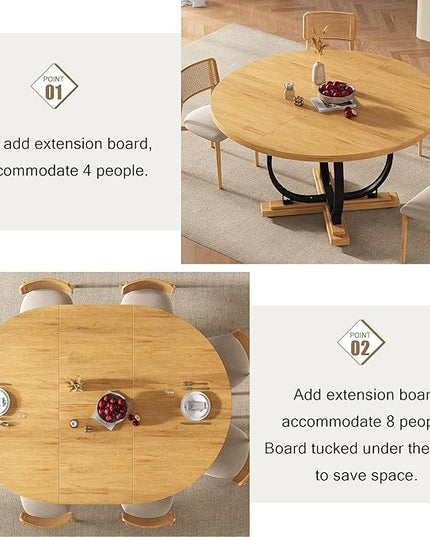 59" Round Extendable Dining Table for 4-6, Modern Oval Kitchen Table with Heavy Duty Curved Legs & Wood X-Based, MDF Board with Spring Buckle, Space Saving, Dining Kitchen Living Room, Oak