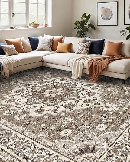 Washable 12x18 Area Rug - Extra Large Rugs for Living Room Soft Low Pile Carpet for Bedroom Non-Slip Stain Resistant Vintage Indoor Floor Carpets (Beige, 12x18)