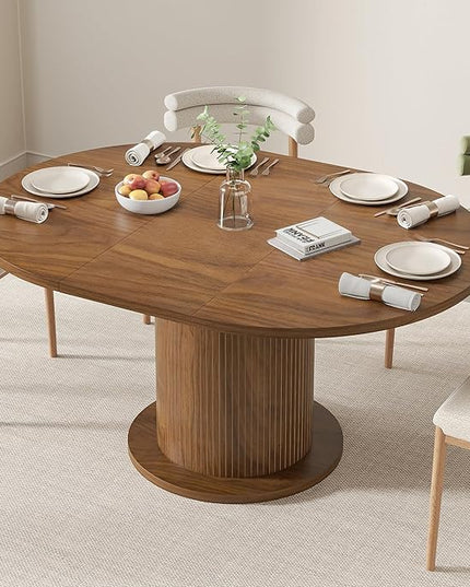 43.3 inch 59 inch Adjustable Size Round Dining Table for 4 6, Unique Design Modern Farmhouse Kitchen Table, Circle Dining Tables with Wood Strip Base for Kitchen Living Room (Walnut)