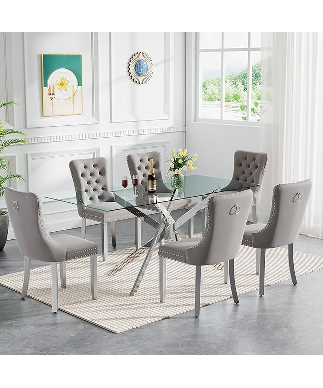 Modern 7-Piece Glass Dining Table Set for 6, Modern 60" Rectangle Silver Glass Dining Room Table Set with Light Grey Velvet Tufted Chairs Wood Legs for Kitchen Dining Room