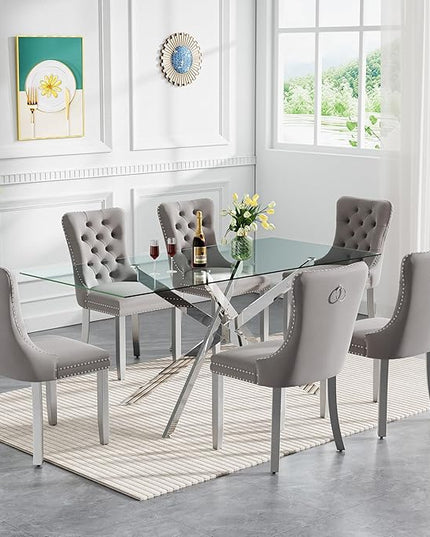 HomVent 7 Piece Rectangular Glass Dining Table Set, Tempered Glass Dinner Table Set for 6 Kitchen Table Set with 6 Velvet Upholstered Chairs for Kitchen Dining Room